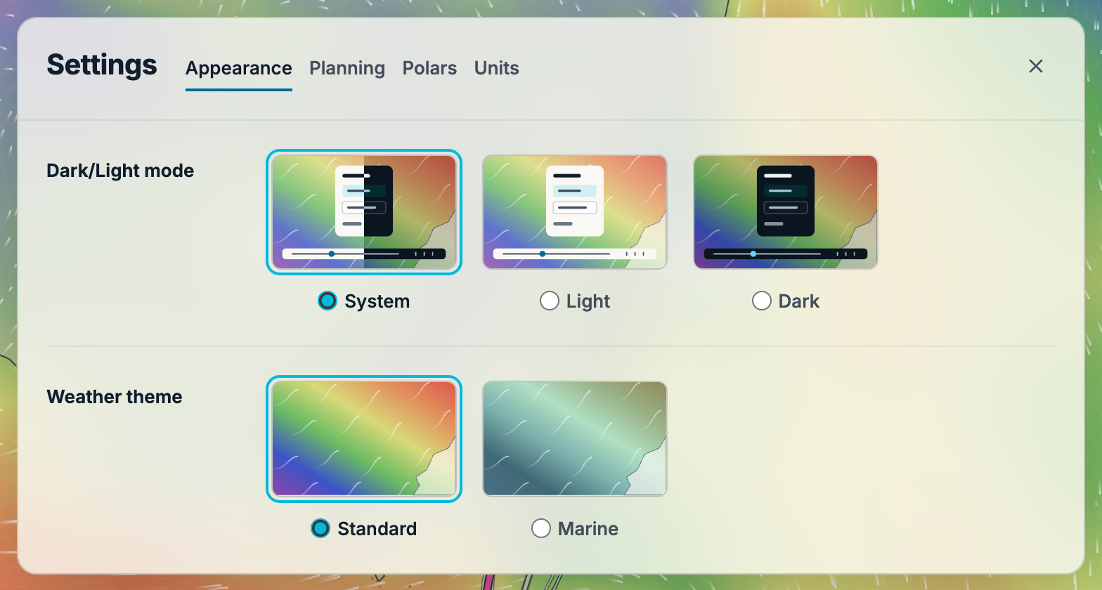 Appearance settings with System, Light and Dark previews above the Standard and Marine weather themes