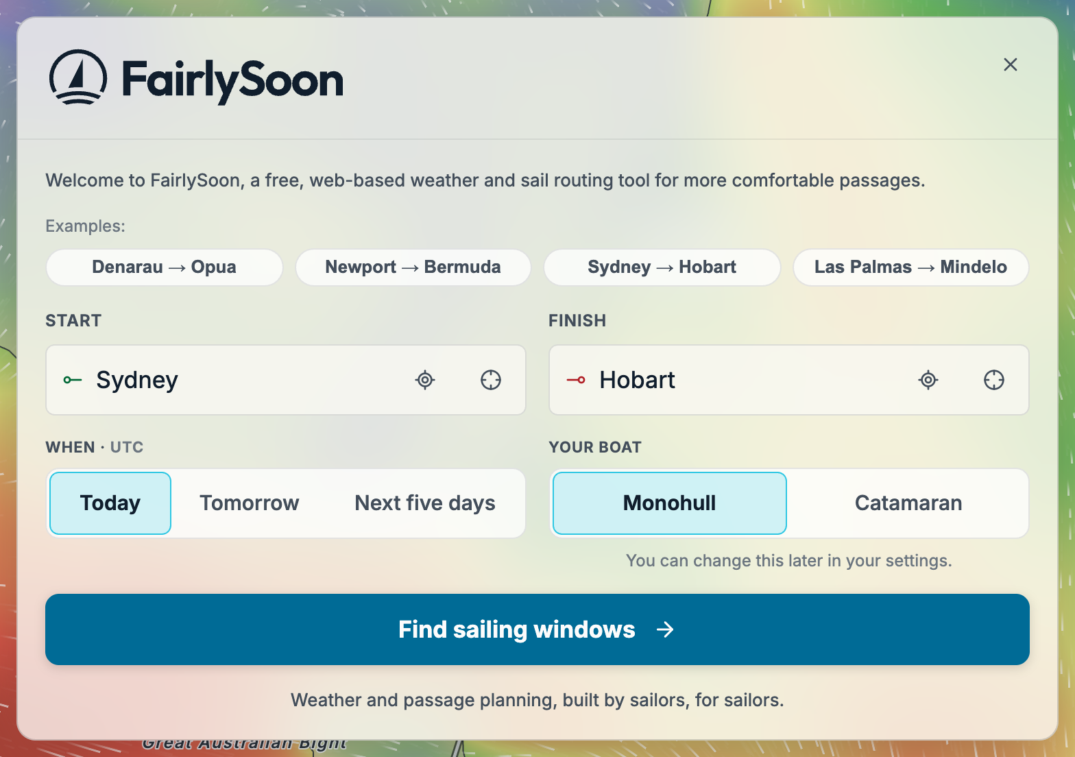 The passage planner with Sydney and Hobart selected and Today chosen as the departure range