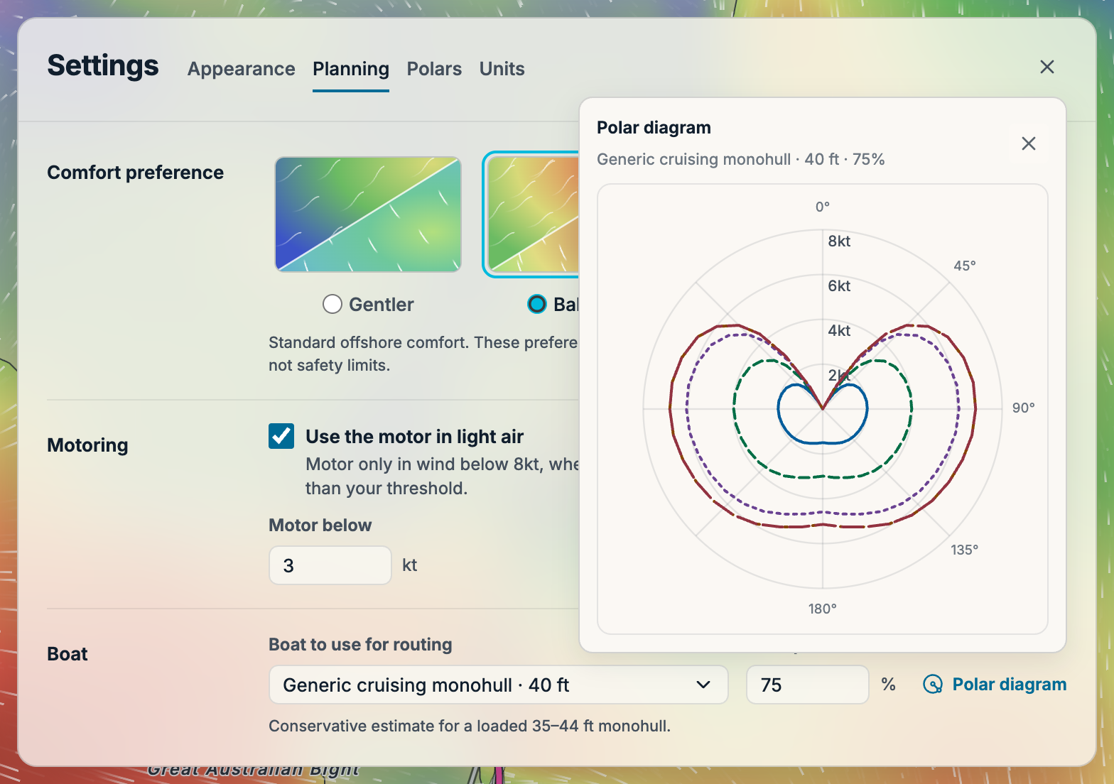 The selected boat's polar diagram in a popover over Planning settings