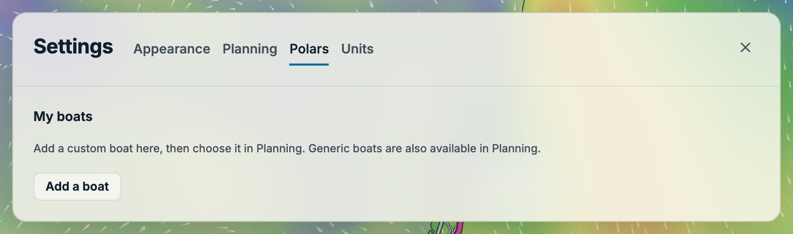 The Polars settings tab for managing custom boats