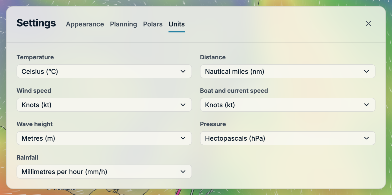 Units settings showing the seven measurement preferences