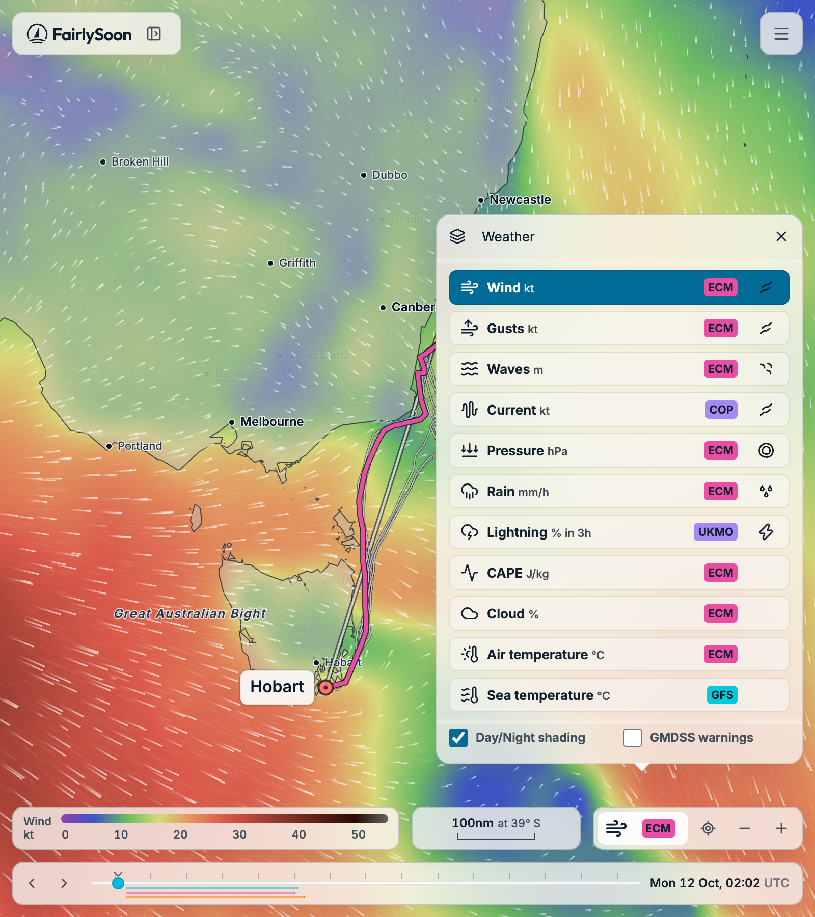 Weather controls over the forecast map, with layer and model choices beside the legend and timeline